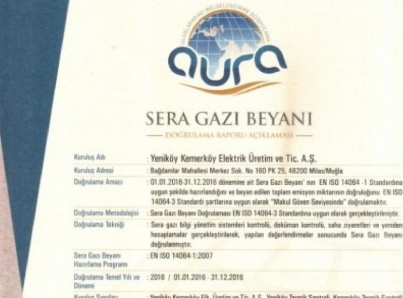 ISO 14064-1 sera gazı sertifikasyon süreci başarıyla tamamlanmıştır